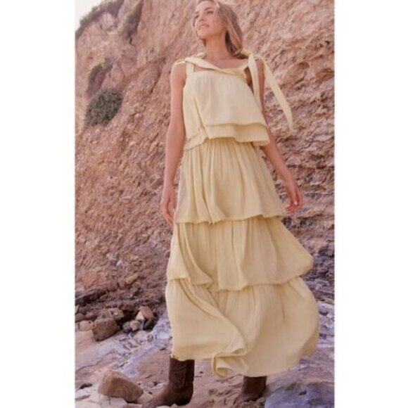 Happy X Nature Drift Maxi Skirt Banded Lace Lemon Tiered - Picture 3 of 7